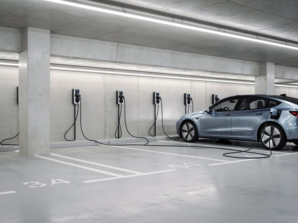 Bornes de recharge dans le parking souterrain d'une copropriété